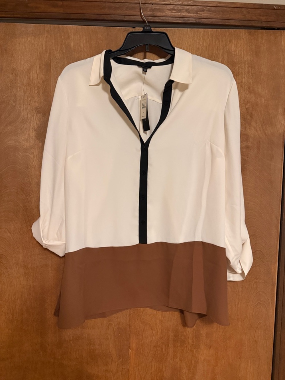 Talbots Cream Blouse with Brown Hem and Black Trim